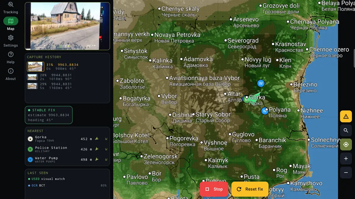 ZLocator tabletilla: kamera seuraa pelin ruutua, ja sijainti on lukittu Chernaruksen kartalle Gorkan lähelle