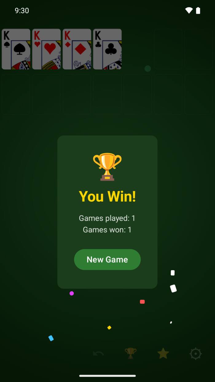 Klassik Solitaire: voitettu peli, You Win!, tilastot ja uusi peli